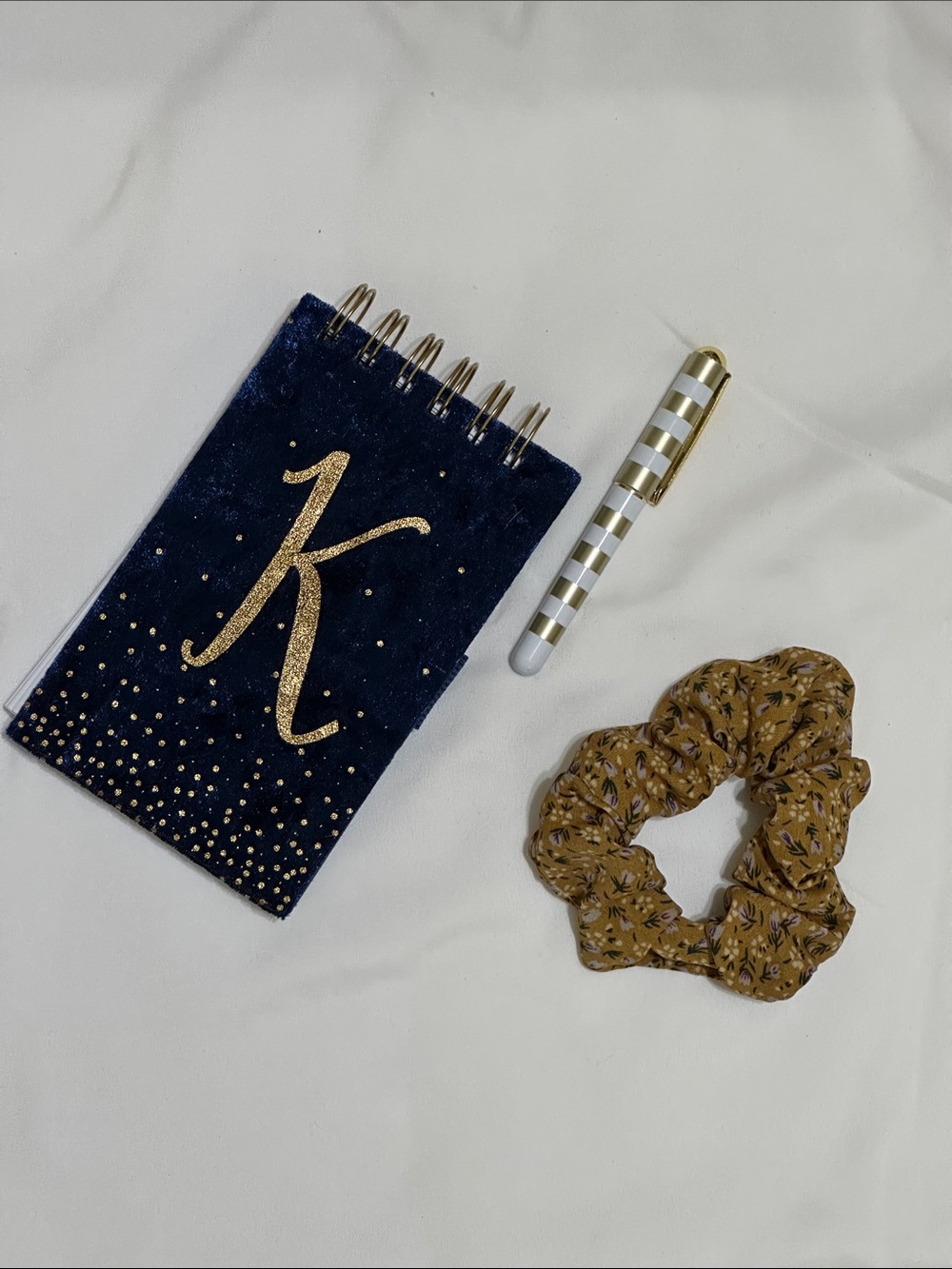 Navy Velvet Monogram Notebook with Gold 'K' includes Pen and Matching Scrunchie